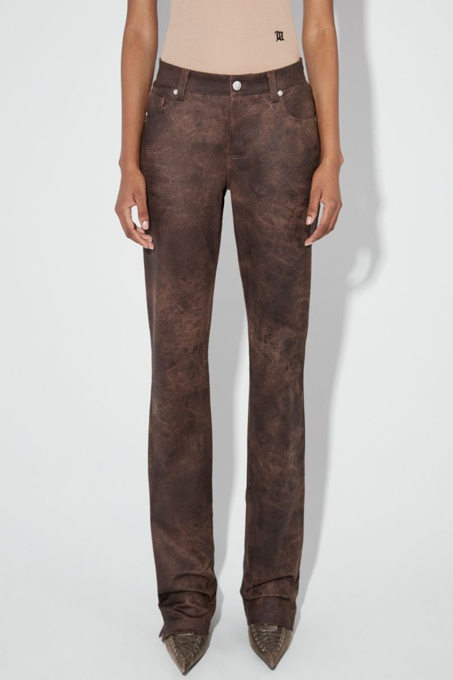 MISBHV Cracked Faux Leathers Trousers Brown Clearance