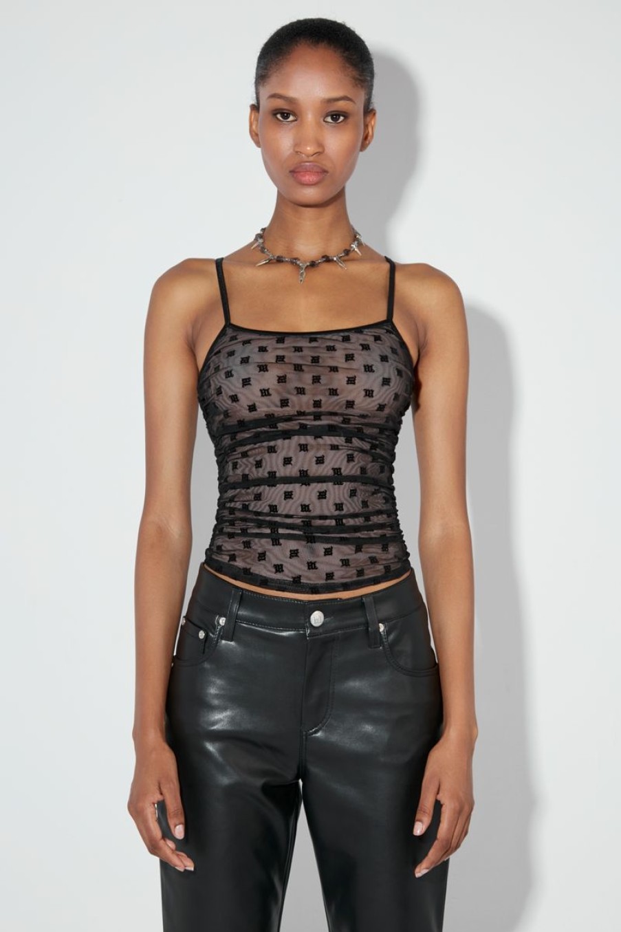 MISBHV Mesh Monogram Draped Top Black Wholesale