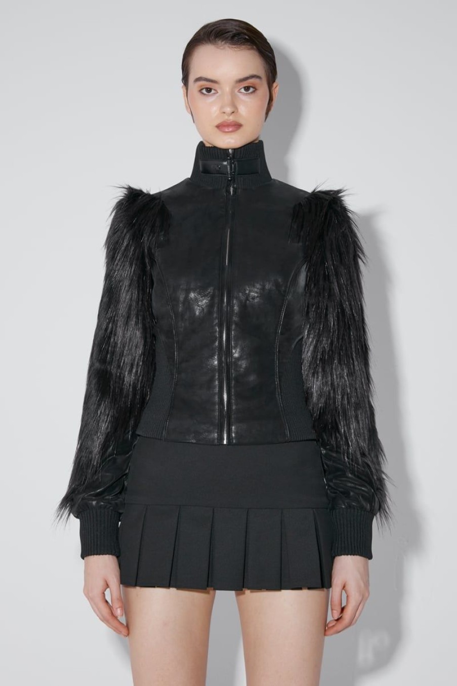 MISBHV Faded Faux Leather Jacket With Fur Sleeves Black Wholesale