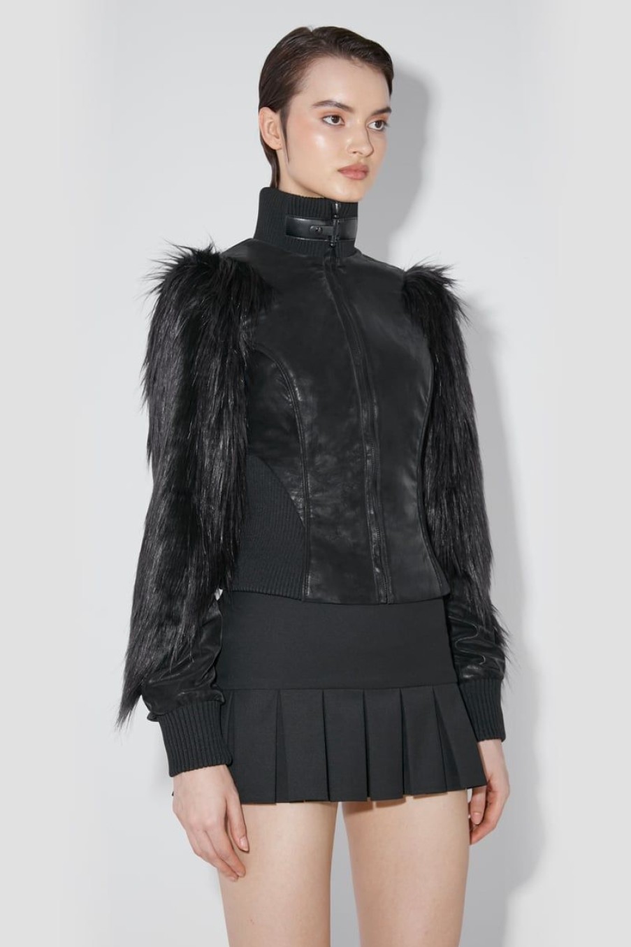 MISBHV Faded Faux Leather Jacket With Fur Sleeves Black Wholesale