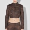 MISBHV Cracked Faux Leather Cropped Moto Jacket Brown New