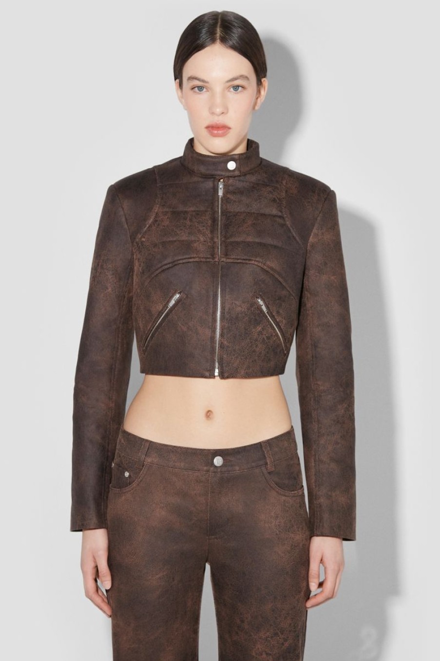 MISBHV Cracked Faux Leather Cropped Moto Jacket Brown New