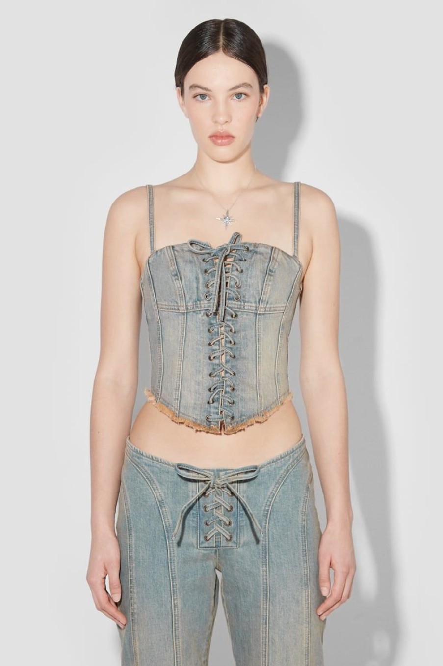 MISBHV Sunset Wash Lara Laced Denim Corset Blue New