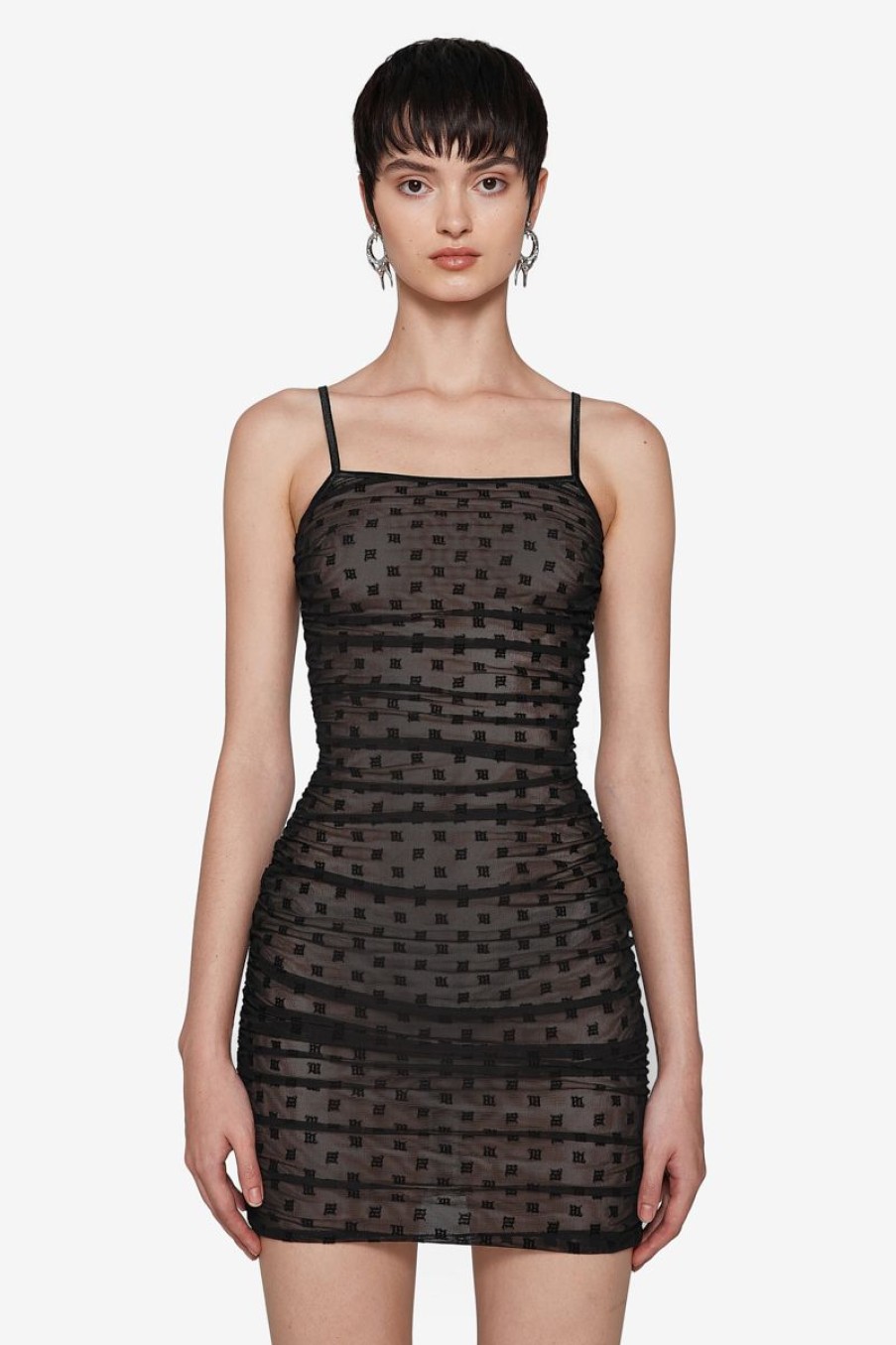 MISBHV Mesh Monogram Draped Mini Dress Black Clearance