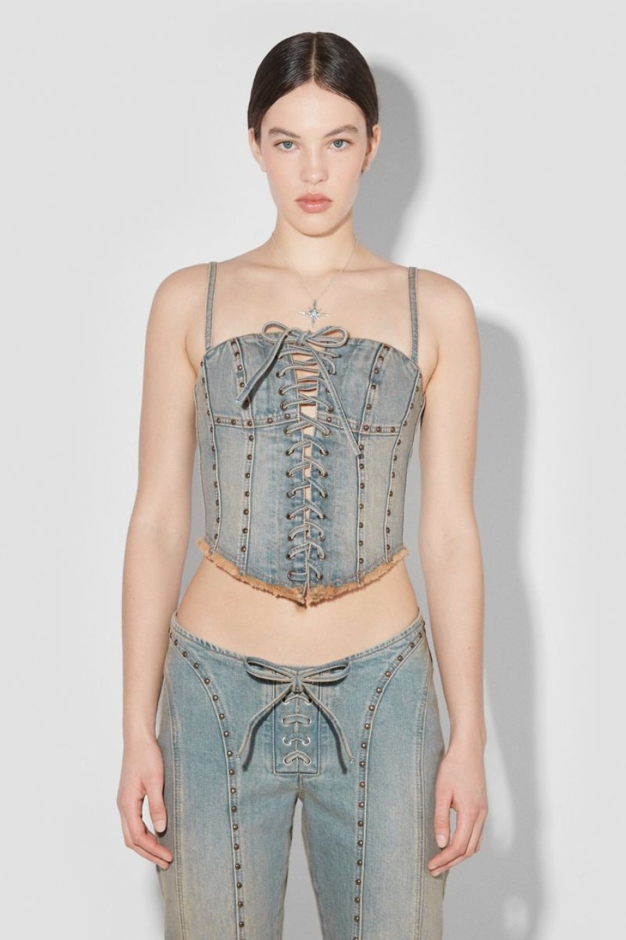 MISBHV Sunset Wash Lara Laced Studded Denim Corset Blue Hot