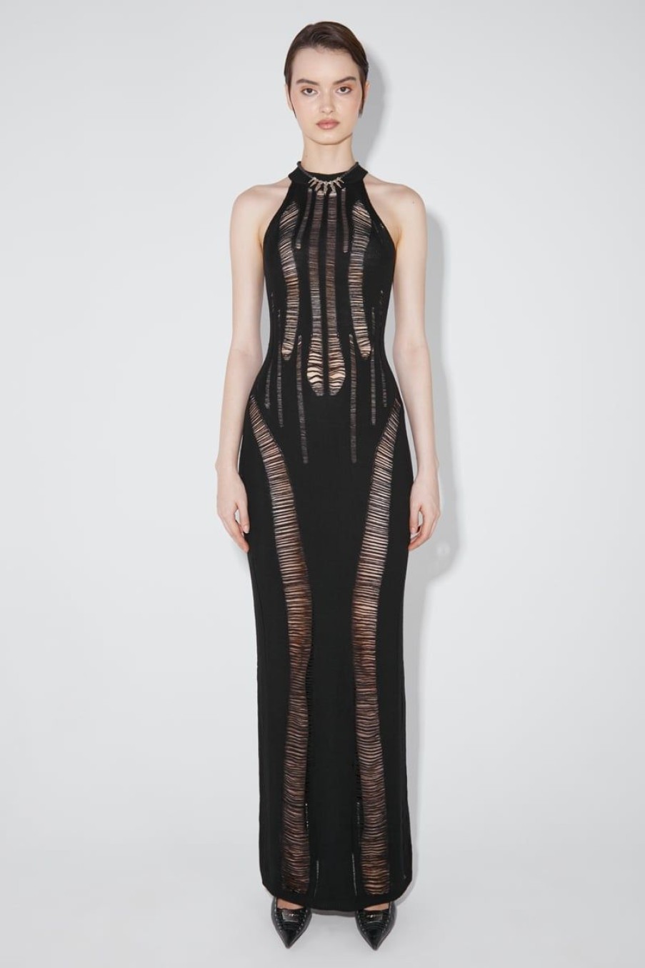 MISBHV Pinstripe Structure Cocoon Knitted Long Dress Black Clearance