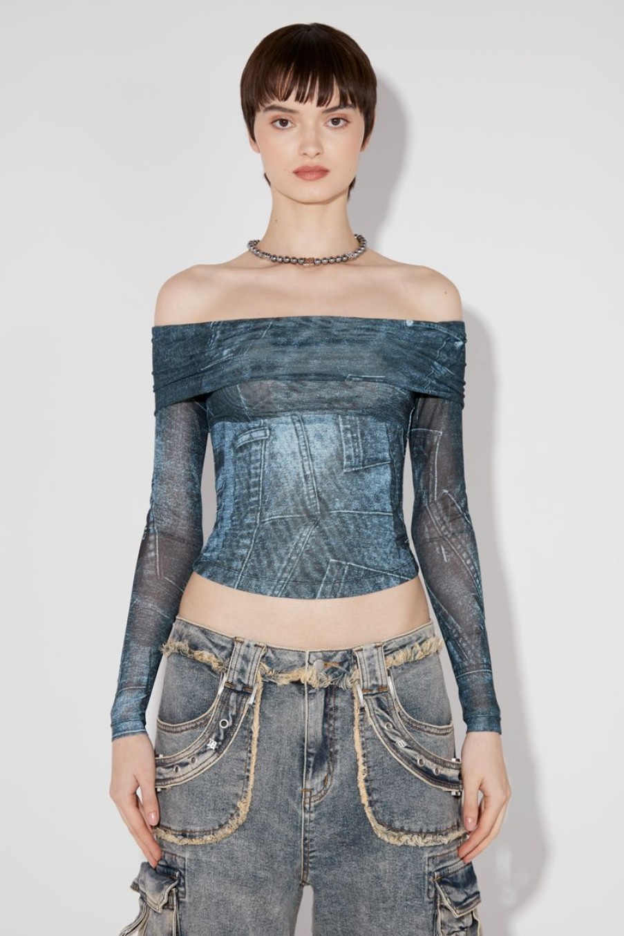 MISBHV Misbhv X Esther Yu Denim Or Not Mesh Off-Shoulder Blue Clearance