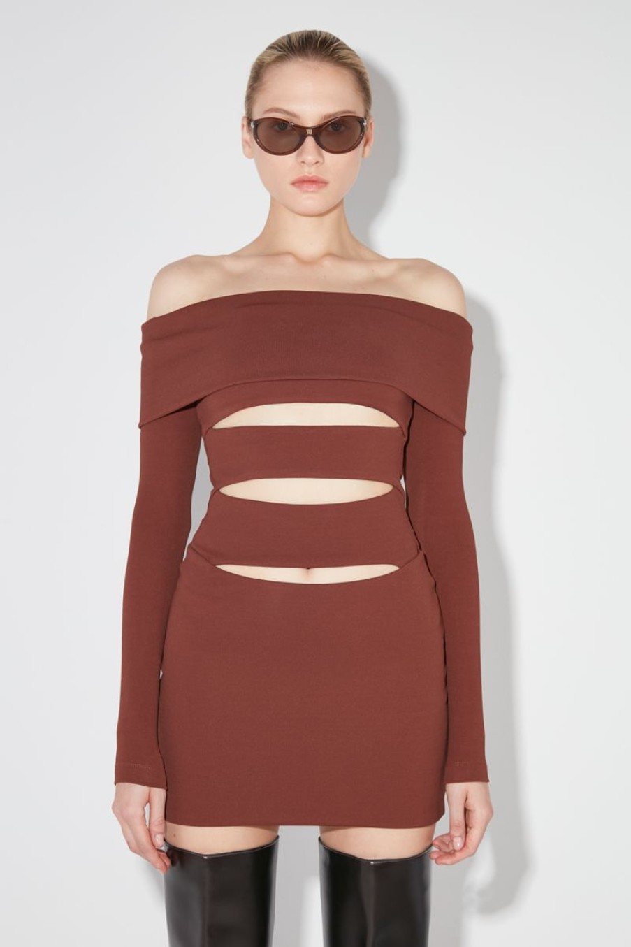 MISBHV Elena Off Shoulder Mini Dress Brown Clearance