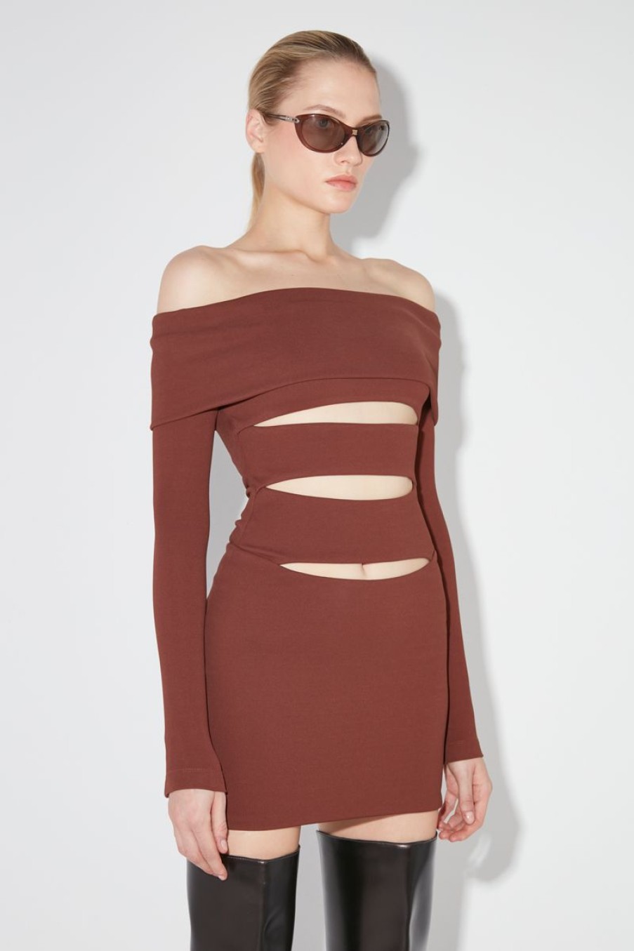 MISBHV Elena Off Shoulder Mini Dress Brown Clearance