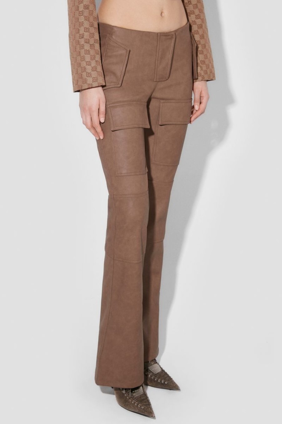 MISBHV Matte Faux Leather Bootcut Moto Trousers Brown New