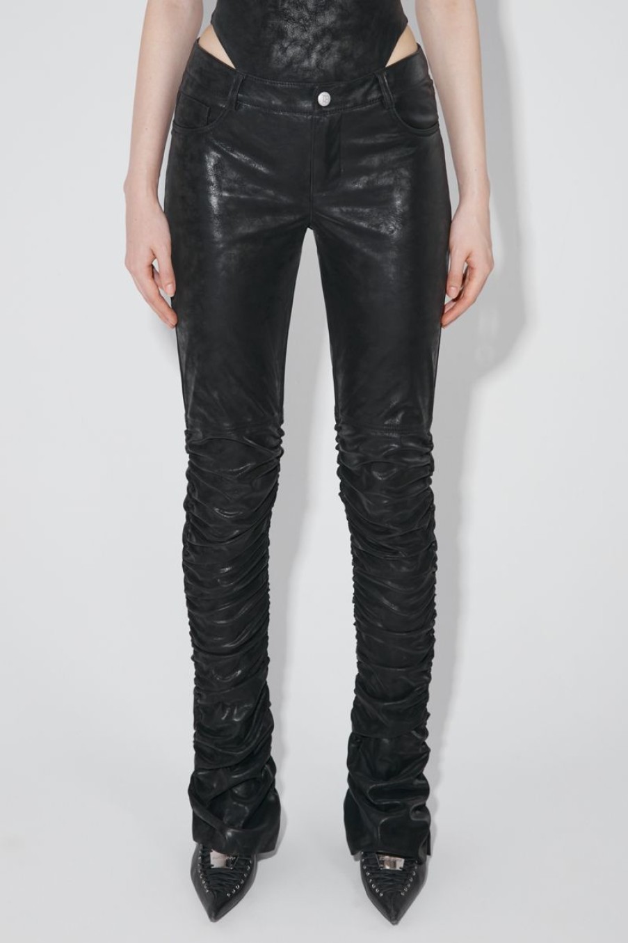 MISBHV Faded Faux Leather Ruched Trousers Black Clearance