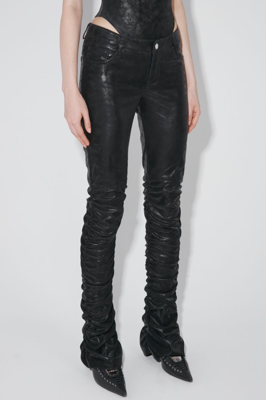 MISBHV Faded Faux Leather Ruched Trousers Black Clearance