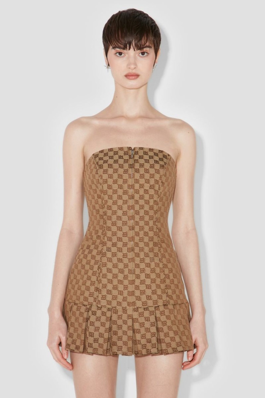 MISBHV Jacquard Canvas Monogram Pleated Mini Dress Brown Wholesale