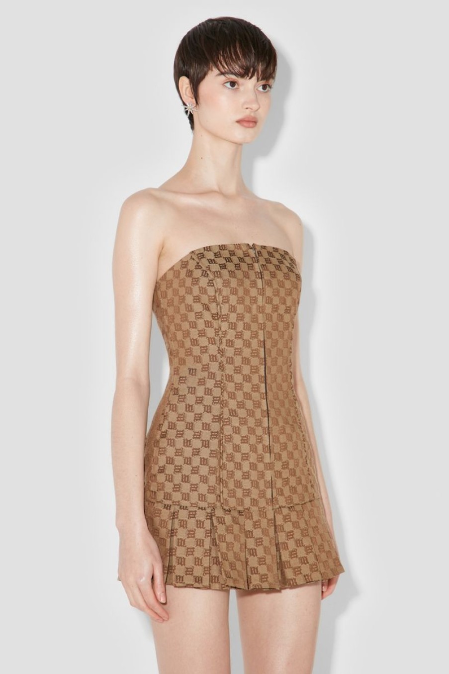 MISBHV Jacquard Canvas Monogram Pleated Mini Dress Brown Wholesale